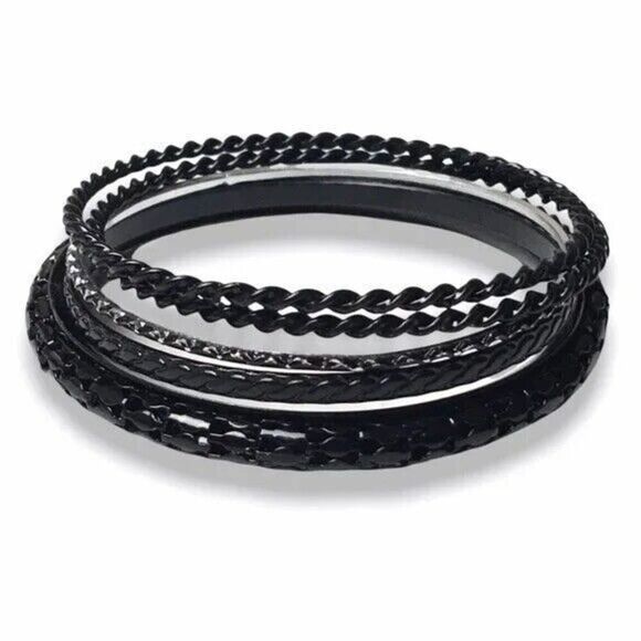 Black Bracelet Lot 5 Enameled Metal Bangles Goth Punk Gothic Costume Jewelry - Picture 1 of 8